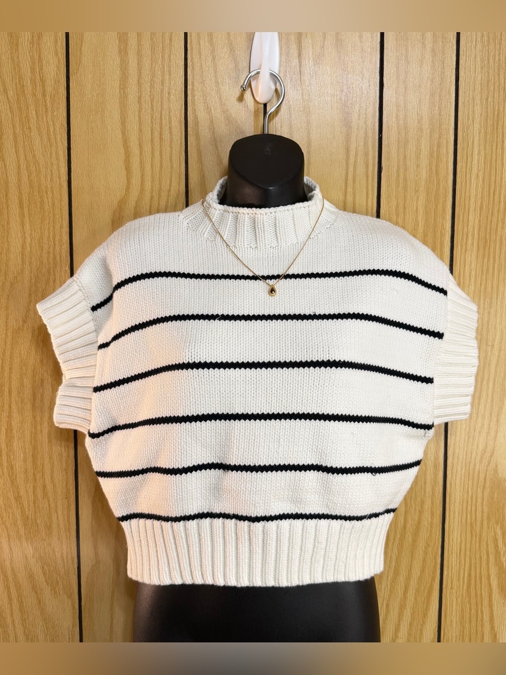 Striped Short-Sleeve Knit Sweater - White with Black Stripes